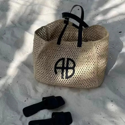 Large Capacity AB Letter Woven Straw Tote Bag, Beach Vacation Women's Striped RIO City Simple Style Casual Travel Bag
