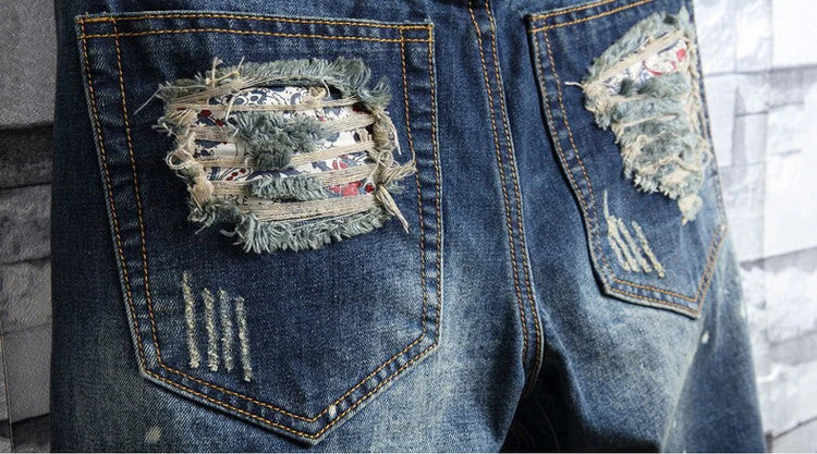 Men Ripped Short Jeans Summer Cotton Knee Length Shorts Breathable Vintage Denim Pants Painted Graffiti Streetwear Cargo Jeans PlatiNum