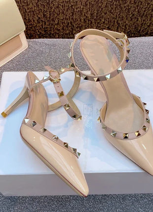 Lady autentici sandali in pelle cinturino con fibbia tacchi alti sottili scarpe alla moda Lock Gold Studs Dress Pumps 33-41 25cm White Blac