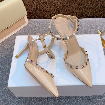 Lady autentici sandali in pelle cinturino con fibbia tacchi alti sottili scarpe alla moda Lock Gold Studs Dress Pumps 33-41 25cm White Blac