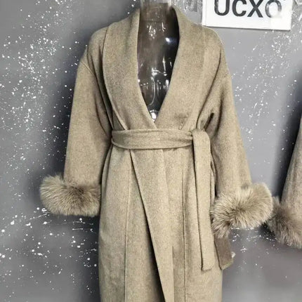UCXQ Elegant OL Office Lady Overcoats Fur Patchwork Long Sleeve Woolen Coat Beautiful Women's Clothing Jacket Autumn 2025 Winter