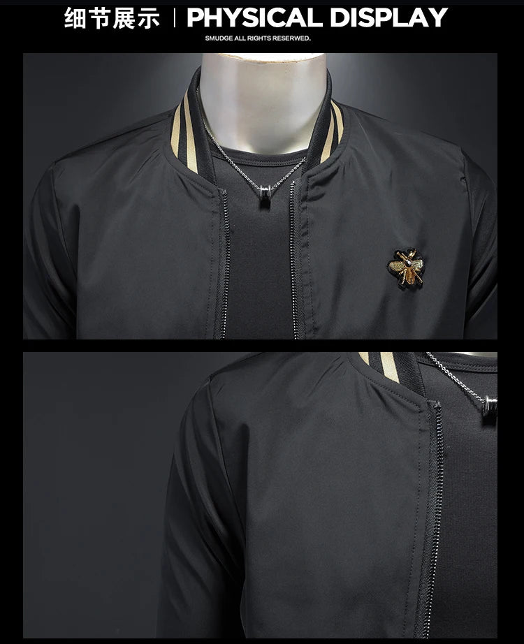 Minglu Spider Embroidery Men's Jackets High Quality Stand Collar Solid Color Sport Casual Spring Autumn Male Coats Plus Size 5XL
