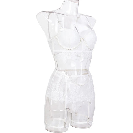Sexy Erotic Womens Western Style Handmade Pearl 4 Piece Set Sensual See Through Lace Alluring Bowknot Attractive Breathable Set