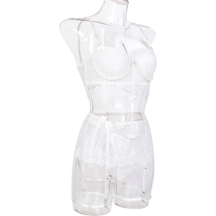 Sexy Erotic Womens Western Style Handmade Pearl 4 Piece Set Sensual See Through Lace Alluring Bowknot Attractive Breathable Set
