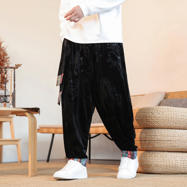 Pantaloni da uomo Kung Fu Tai Chi Pantaloni casual tradizionali da uomo stile cinese retrò allentato fiore scuro drago stampa pantaloni a gamba larga da uomo