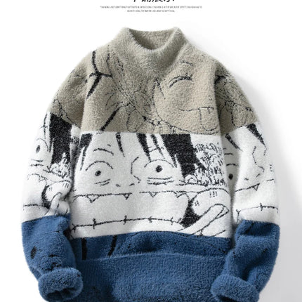 Mink Plush Thickened Round Neck Sweater New Men's Autumn Winter Loose Print Patchwork Fashion Knitted Sweater Long Sleeved Tops