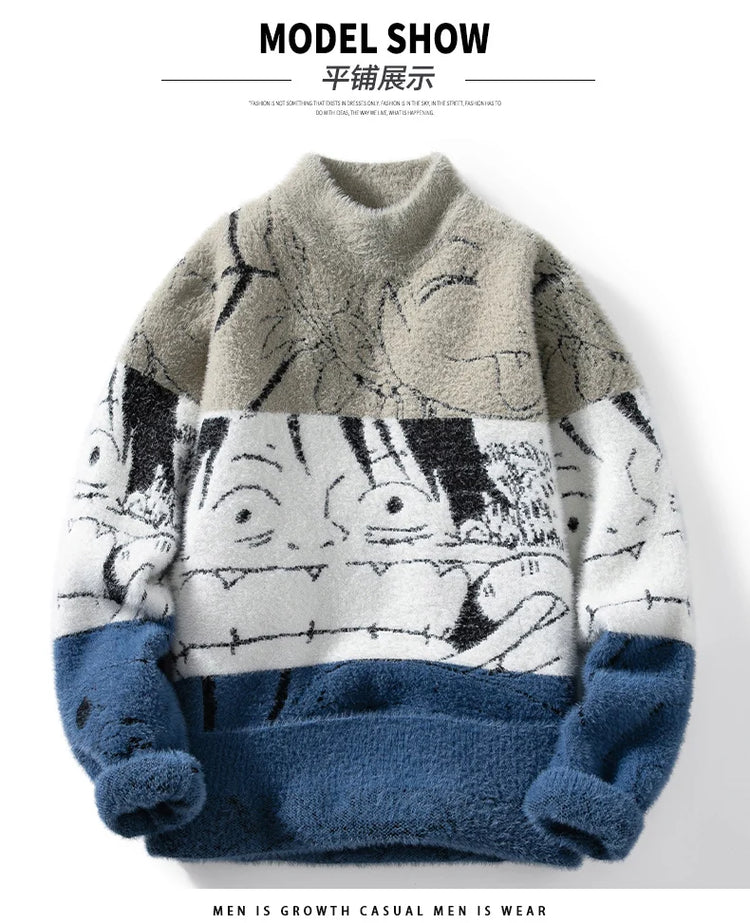 Mink Plush Thickened Round Neck Sweater New Men's Autumn Winter Loose Print Patchwork Fashion Knitted Sweater Long Sleeved Tops