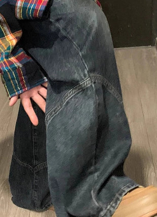 Y2K Spicy Girl Dark Series Jeans a gamba larga da donna New High Street Splicing Pantaloni svasati dimagranti a vita alta larghi