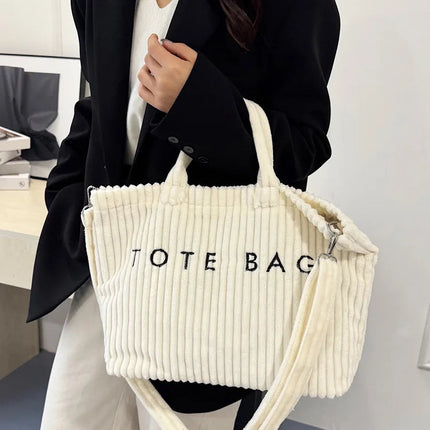 Simple Letter Soft Corduroy Shoulder Bags for Women Versatile Large Capacity Ladies Crossbody Bag Portable Female Handbags Tote PlatiNum