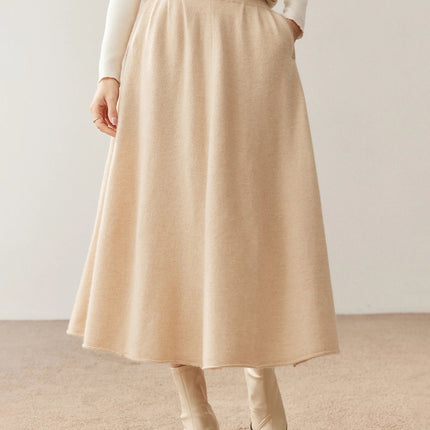 Women's 100% Pure Cashmere Skirt Autumn Winter Mid-calf A-line Knitted Full Skirt High Waist Soild Dress Elegant Basic High-end PlatiNum
