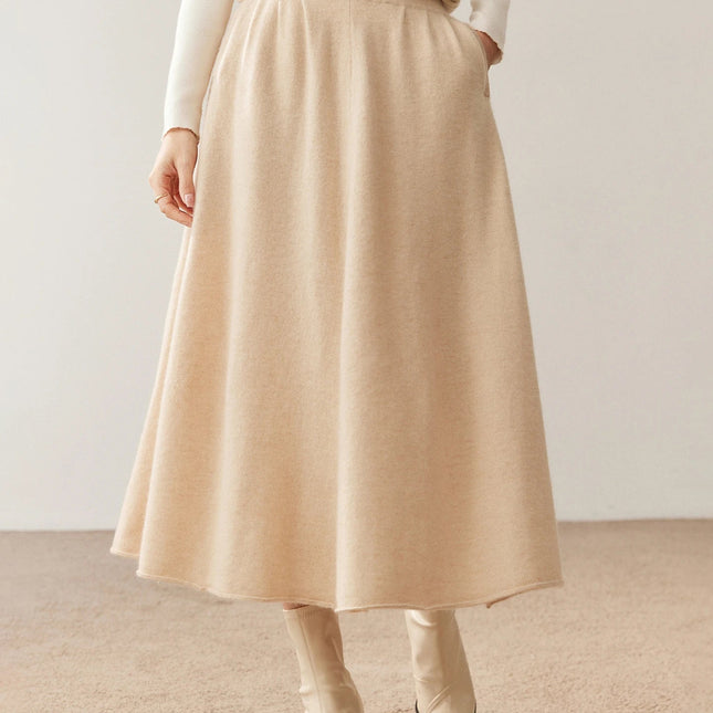 Women's 100% Pure Cashmere Skirt Autumn Winter Mid-calf A-line Knitted Full Skirt High Waist Soild Dress Elegant Basic High-end PlatiNum