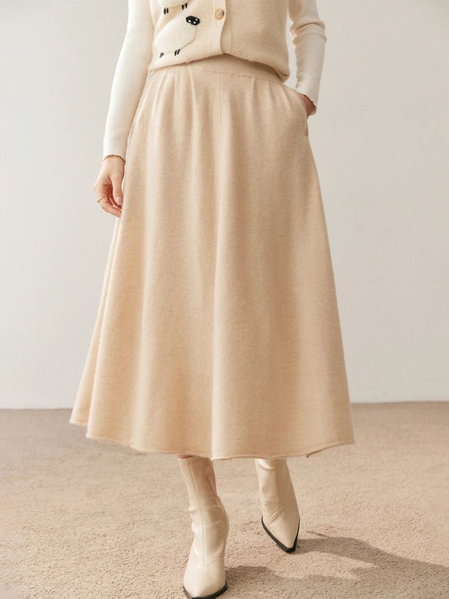 Women's 100% Pure Cashmere Skirt Autumn Winter Mid-calf A-line Knitted Full Skirt High Waist Soild Dress Elegant Basic High-end PlatiNum