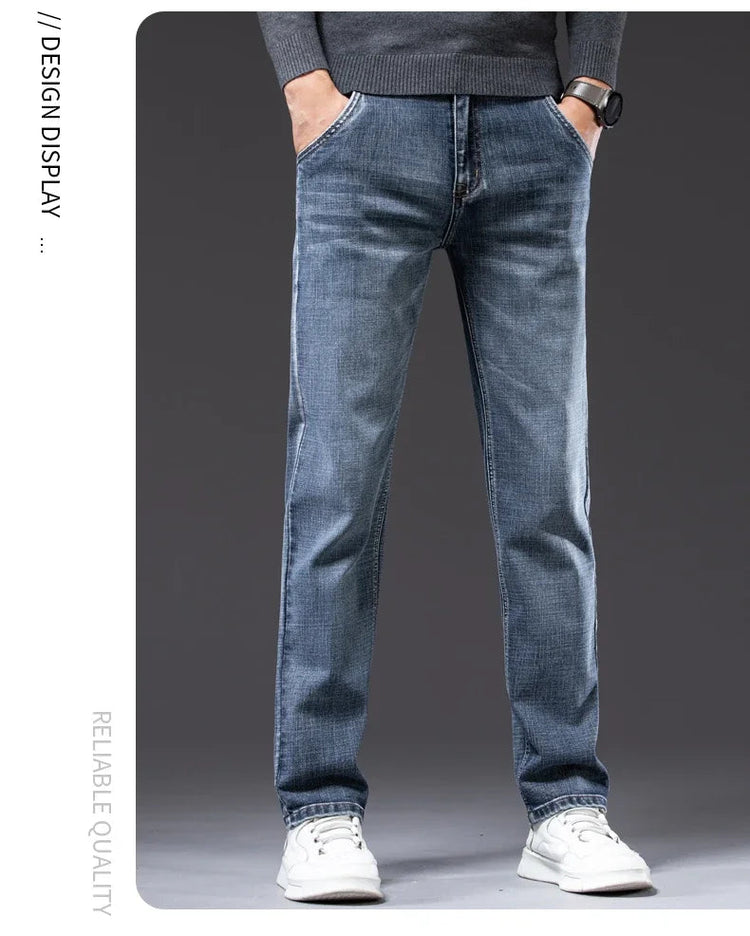 Autumn Men's Business Straight Fit Jeans Vintage Blue Smoke Gray Stretch Trousers Soft Comfortable Fabric Denim Pants Male PlatiNum
