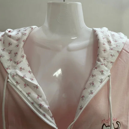 Y2k Hoodies Green Kawaii Cat Floral Print Hooded Zip-up Woman Sweatshirts Pink Thin Jacket Spring Fall Clothes Cute Streetwear