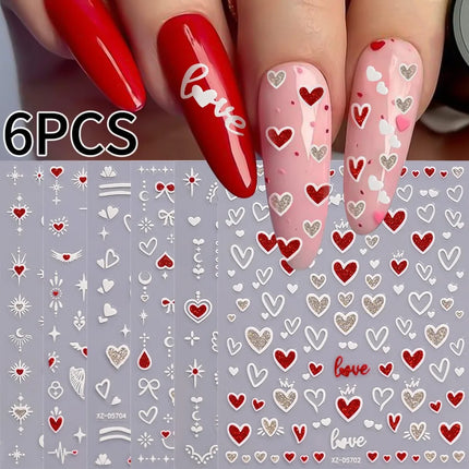 8pc 3D Mixed Color Heart Nail Stickers Valentines' Day Sweet Red Pink Love Selfadhesive Nail Decoration Decals Manicure 2027