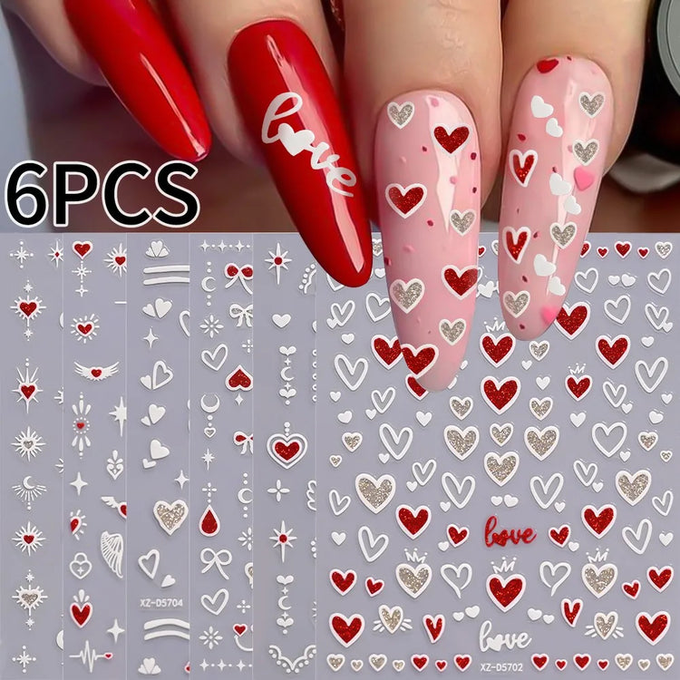 8pc 3D Mixed Color Heart Nail Stickers Valentines' Day Sweet Red Pink Love Selfadhesive Nail Decoration Decals Manicure 2027