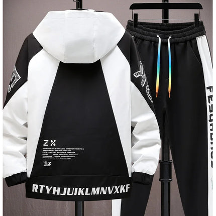 Winter Warm Hooded patchwork Jacket+Pant 2-piece Set Men Set Sports Suit Fleece Thickened Sportswear Casual Men Tracksuit