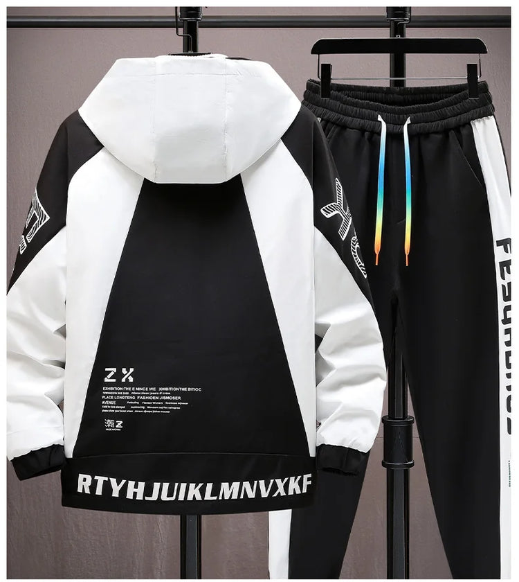 Winter Warm Hooded patchwork Jacket+Pant 2-piece Set Men Set Sports Suit Fleece Thickened Sportswear Casual Men Tracksuit