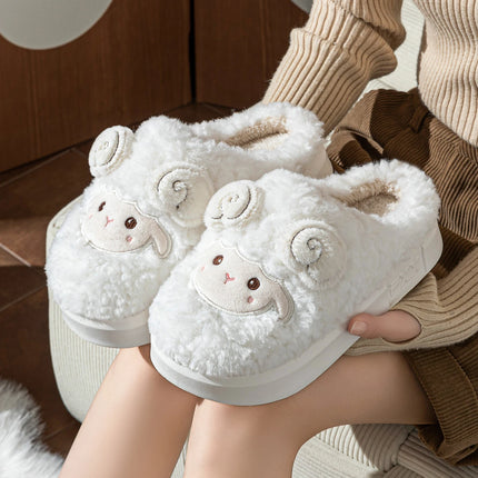 Cute Little Sheep Plush Slippers Women Winter Warm Thick Soft Sole House Shoes Indoor Fuzzy Non-Slip Comfortable Home Slides