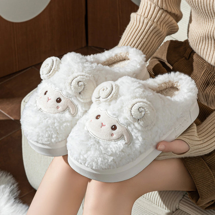 Cute Little Sheep Plush Slippers Women Winter Warm Thick Soft Sole House Shoes Indoor Fuzzy Non-Slip Comfortable Home Slides