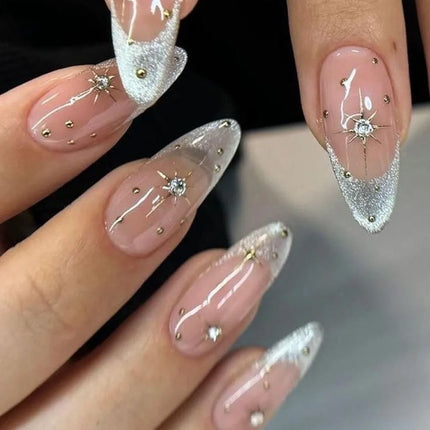 24Pcs Medium Almond Nude‑Pink 3D Textured Metallic Cat‑Eye French Sheer Press‑On False Nails For Nail Art Decor
