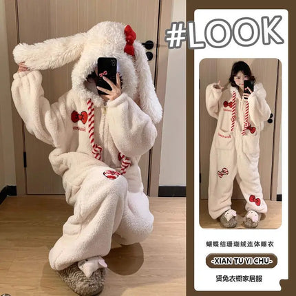 Rompers Onesies Anime Pajamas Y2K Kawaii Bow Rabbit Hooded Sleepwear Women Winter Thick Warm Fleece Sweet Cute Home Outfit Women