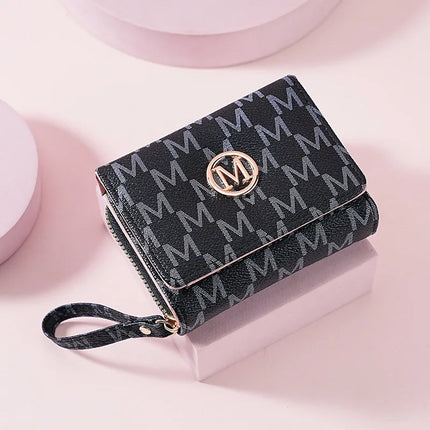 Fashionable Letter Printed Tri-Fold Compact Ladies Wallet Retro Style Card Holder PU Leather Synthetic Interior Daily Use PlatiNum