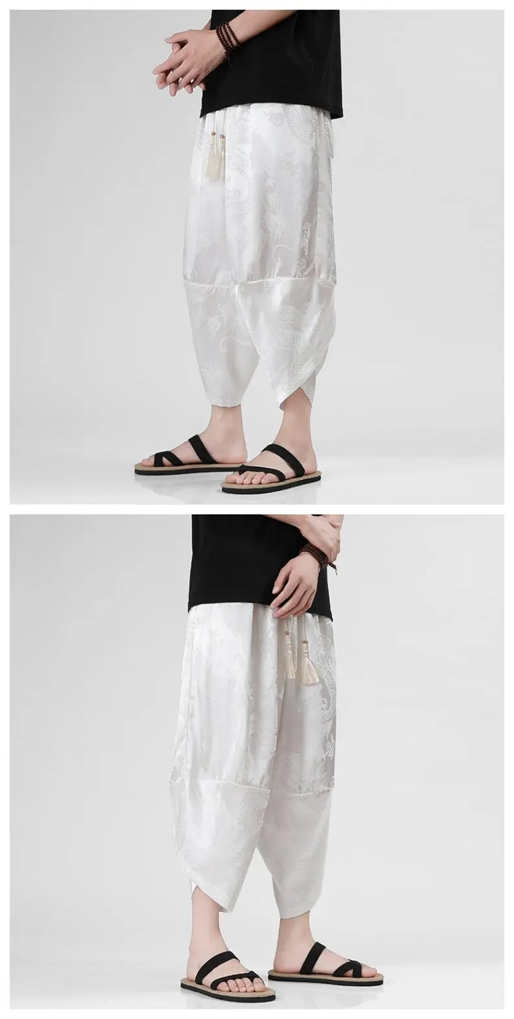 Pantaloncini in Seta Ghiaccio da Uomo, Stile Cinese, Estivi, Comodi, Pantaloni Harem Vintage Traspiranti, Tinta Unita, Lunghezza al Polpaccio