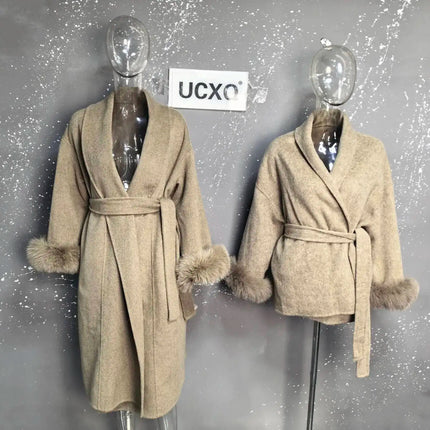 UCXQ Elegant OL Office Lady Overcoats Fur Patchwork Long Sleeve Woolen Coat Beautiful Women's Clothing Jacket Autumn 2025 Winter