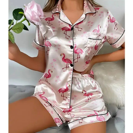 Pigiama da donna Pj Set Pigiama in raso con stampa a cuore Casual Manica corta Colletto con risvolto Top e pantaloni Indumenti da notte e pigiama per adulti platinumshop