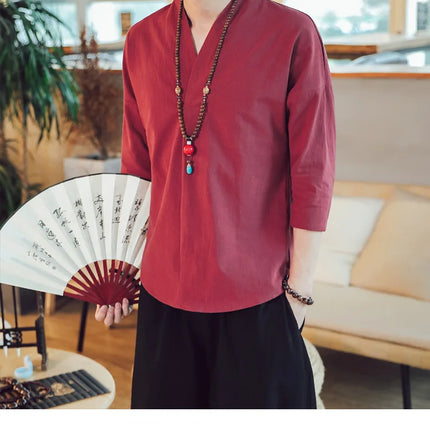Kimono da uomo in stile giapponese corto a mezza manica in cotone traspirante camicia da uomo T-shirt giapponese estiva Yukata cardigan lavorato a maglia con piume