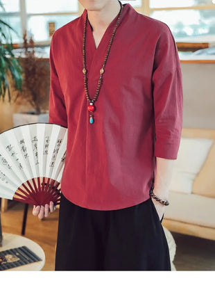 Kimono estivo stile giapponese manica corta uomo nuovo cotone a mezza manica lino traspirante abbigliamento uomo t-shirt giapponese Yukata top