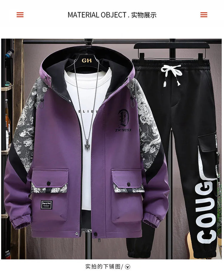 2025 Men Tracksuit Casual Joggers Hooded Sportswear Jackets Pants 2 Piece Sets Hip Hop Running Sports Suit