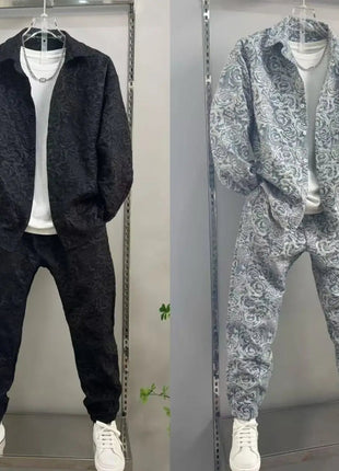 New Spring and Autumn Men's Casual Suit Lapel Jacquard Shirt Trousers Two-piece Set Comfortable Loose PlatiNum