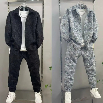 New Spring and Autumn Men's Casual Suit Lapel Jacquard Shirt Trousers Two-piece Set Comfortable Loose PlatiNum