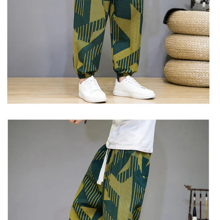 Pantaloni Primavera-Estate da Uomo in Stile Cinese, Sottili e Traspiranti in Cotone e Lino, con Vita Elastica, Pantaloni Harem Stampati Casual e Comodi