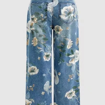 Jeans da donna con stampa Pantaloni a gamba larga Tasche a vita alta a tutta lunghezza Pantaloni dritti lavati in denim effetto consumato Casual invecchiato