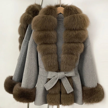 Real Fur Wool Jacket Fashion Reality Fur Jacket Women Natural Fox Fur Cuffs Winter Clothing Female Elegant with Belt Woolen Coat