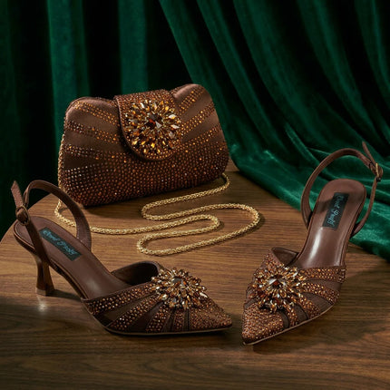 Zapatos y Bolso Nuevos de Diseño Italiano Azules con Diamantes de Imitación, Tacón Alto, Estilo de Moda, Zapatos de Tacón para Máxima Comodidad, Zapatos de Mujer