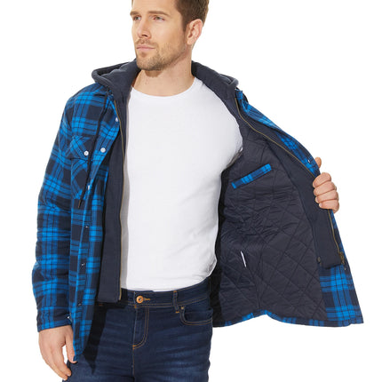 TACVASEN Men's Flannel Shirt Jacket with Removable Hood Plaid Quilted Lined Winter Coats Thick Hoodie Outwear Man Fleece Shirts