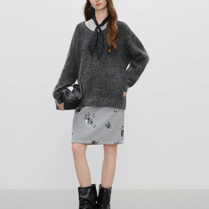 FSLE 【Premium Series】Vintage Sequin Embroidery Short Skirt with Slightly Fitted Back Winter 2025 New Arrival Grey Skirts PlatiNum