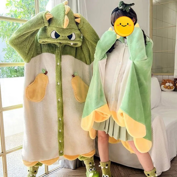 Cute Dinosaur Hooded Plush Onesie Pajamas Loose Thick Winter Warm Sleepwear Animal Cosplay Costume Outfits