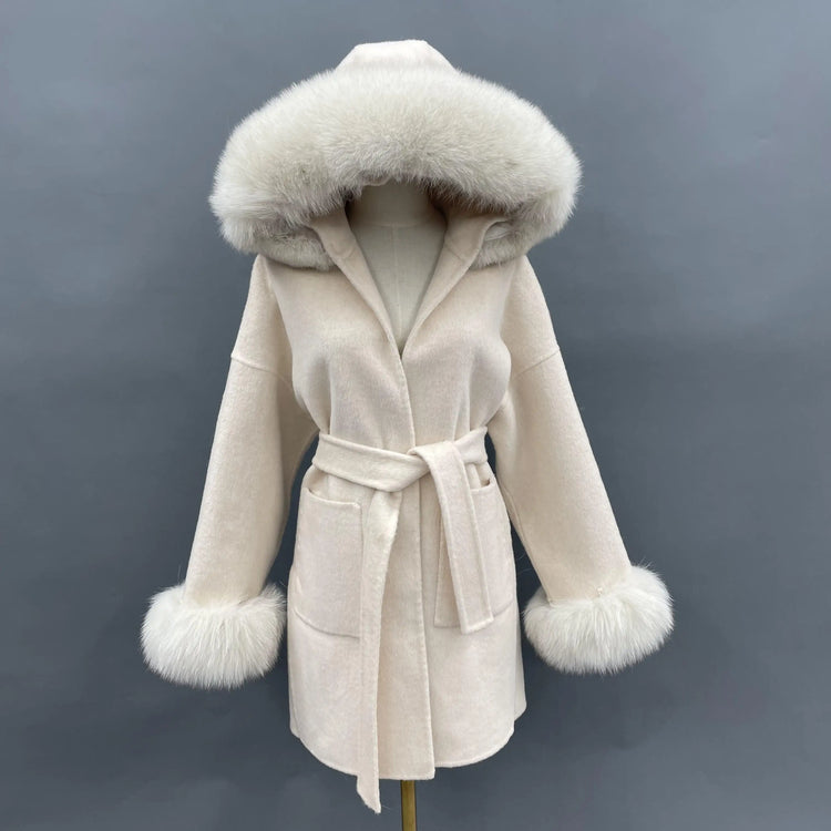 MISSJANEFUR Wool Coat with Real Fox Fur Collar Cuff Women Fashion Belted Cashmere Coats Warm Winter Hooded Trench Peacoat