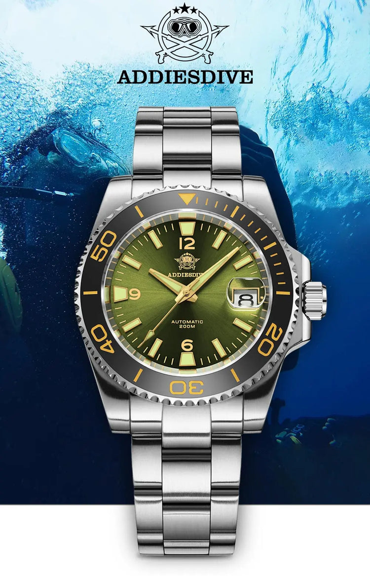 ADDIESDIVE Men Fashion Diving Mechanical Watch, Sapphire Crystal 20Bar Ceramic Bezel Super Luminous Stainless Steel Personalized