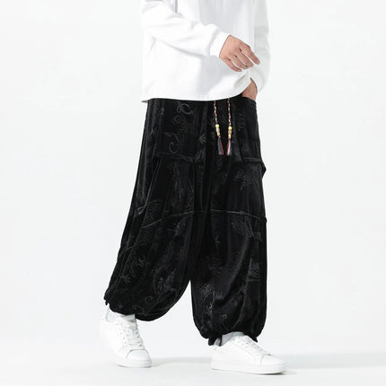 Pantaloni di velluto da uomo autunno inverno retrò drago stampa pantaloni larghi da uomo stile cinese pantaloni casual a gamba larga per uomo taglie forti 5XL