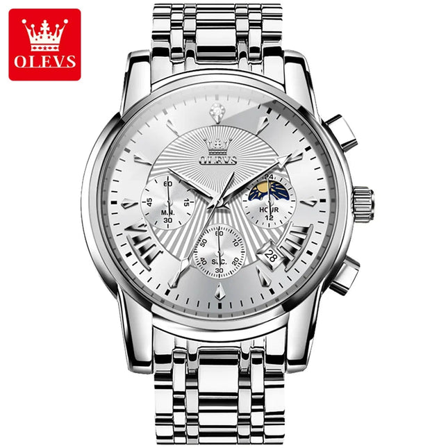 OLEVS Orologi al quarzo da uomo Orologi di marca in acciaio inossidabile Orologio sportivo impermeabile per uomo Cronografo con fasi lunari platinumshop