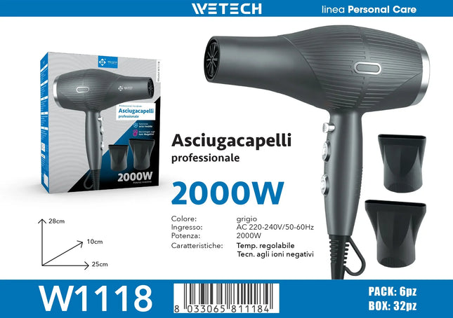 WETECH Professional 2000W Negative Ionic Hair Dryer AC Motor Salon Hairdryer Adjustable Temperature Fast Drying Blow Dryer with Styling Nozzles