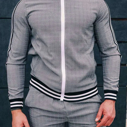 2025 Men Tracksuit 2pc Set Gym Hiking Plaid Zipper Hoodie Cargo Pants Autumn Athleisure Outfit Fleece Jogger Sportswear PlatiNum