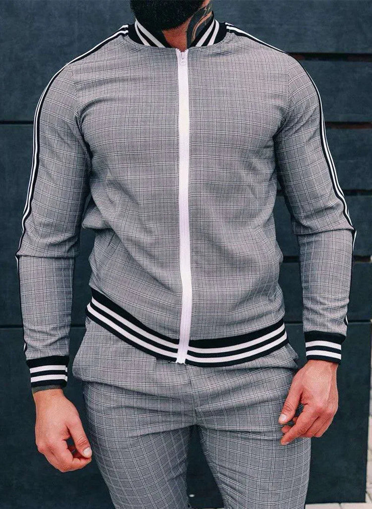 2025 Men Tracksuit 2pc Set Gym Hiking Plaid Zipper Hoodie Cargo Pants Autumn Athleisure Outfit Fleece Jogger Sportswear PlatiNum