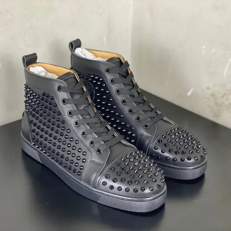 Black Studded Leather Rivets High-Top Sneakers Classic Designer Style Round Toe Men's Sports Shoes Comfort Lace-Up Casual Shoes